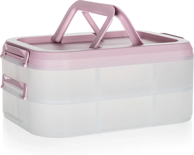 Plastični party box z dvema nadstropjema in ročaji 40 × 28 × 17,8 cm, prozoren/rožnat