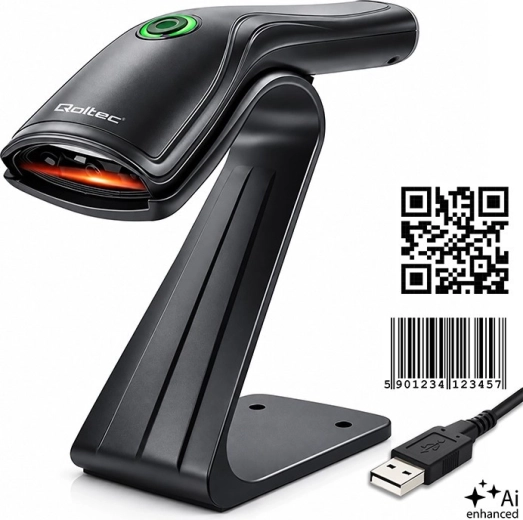 Qoltec bralnik črtnih kod 1D in 2D s stojalom USB