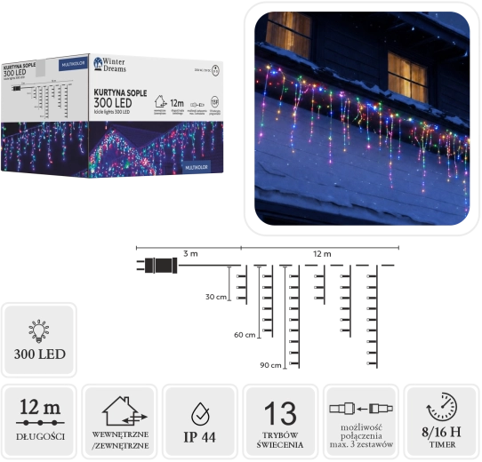 Svetlobna zavesa kapniki (ledenke) 300 LED večbarvno 3 × 12 m - 1 kos