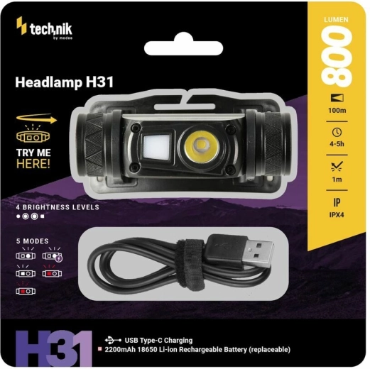 Technik MT-H31 naglavna svetilka z OSRAM P9 LED, rdečo svetlobo in USB-C (800 lm)