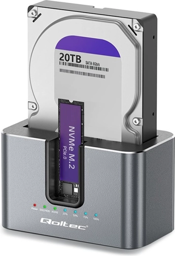 Qoltec dokirna postaja 2v1 za HDD/SSD SATA in M.2 NVMe s kloniranjem, USB-C 10 Gb/s