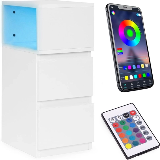 Nočna omarica z LED osvetlitvijo, 2 predala, bela, ModernHome