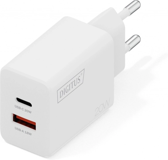 Omrežni USB polnilnik 20 W, 1× USB‑C in 1× USB‑A, bel