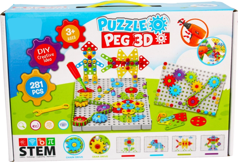 Kreativni 3D konstrukcijski komplet z otroškim vrtalnikom Puzzle Peg (281 delov)
