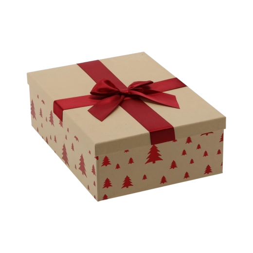 Christmas gift box, brown with burgundy bow, 28.5 × 20 × 8.5 cm