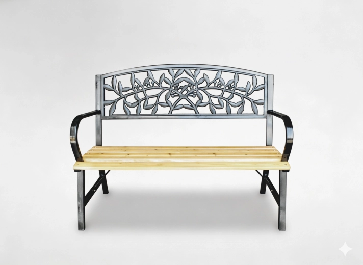 Vrtna klop 120 × 56 × 89 cm, les in jeklo, okras listov