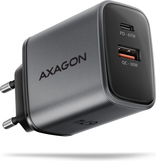 Omrežni polnilec AXAGON GaN 67 W z USB‑C Power Delivery in USB‑A Quick Charge, 2 vrata