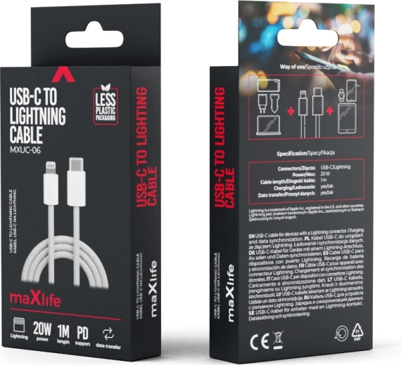 Maxlife najlonski kabel USB‑C – Lightning 1 m, 20 W, siv