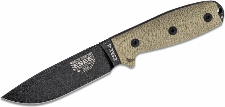 ESEE Model 4 survival nož 11,4 cm, črn, zelena Micarta, plastično ohišje