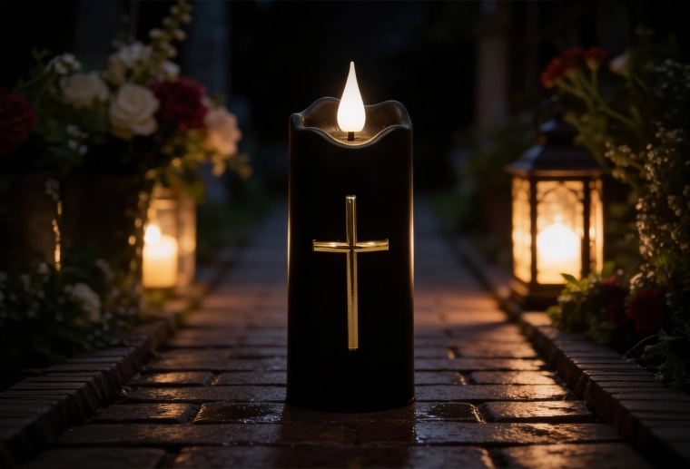 LED sveča 5 × 13 cm črna z zlatim križem