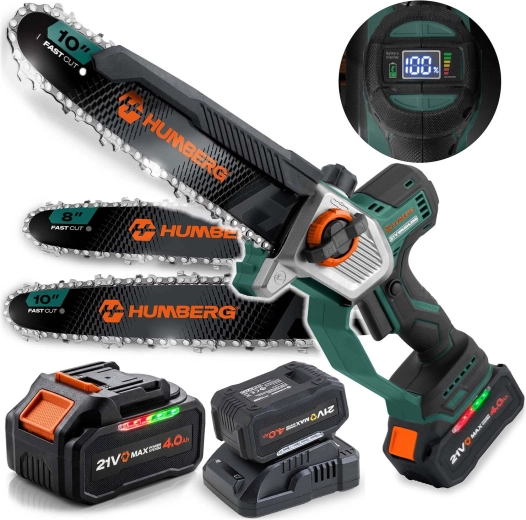 Cordless chain saw Humberg HM-437 21 V 4.0 Ah with 10" and 8" bar