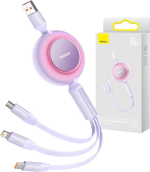 Baseus Bright Mirror 3 USB kabel 3 v 1 za micro USB, USB‑C in Lightning 66 W 1,1 m – Vijolična