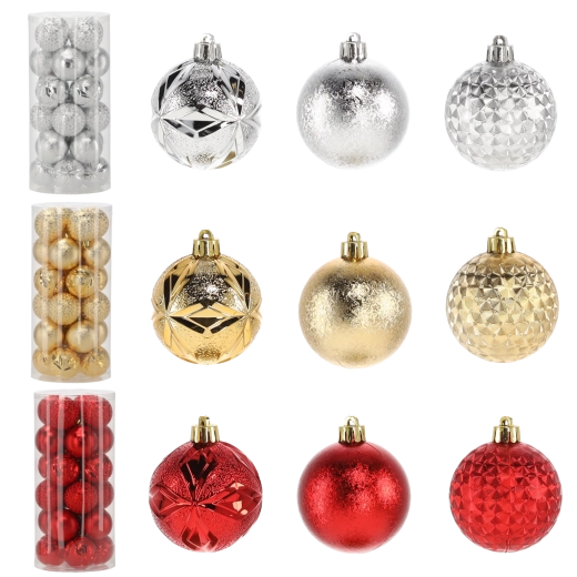 Set 24 božičnih krogel 6 cm – rdeče, zlate in srebrne, nepolomljive