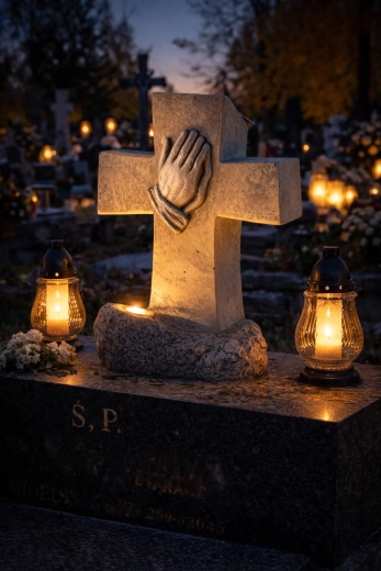 Memorial grave decoration in the shape of a cross with praying hands and a candle holder - 1 piece