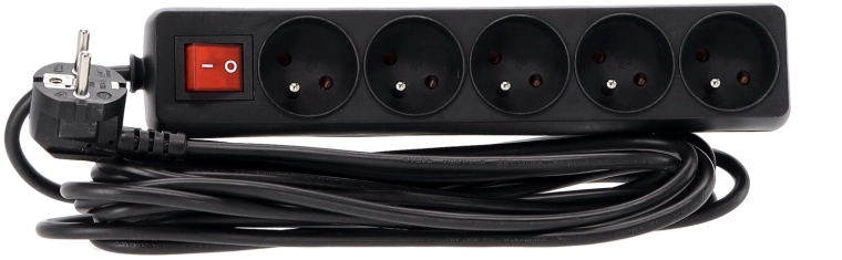 Razdelilec s prenapetostno zaščito s stikalom, 5 vtičnic, 5 m, črn