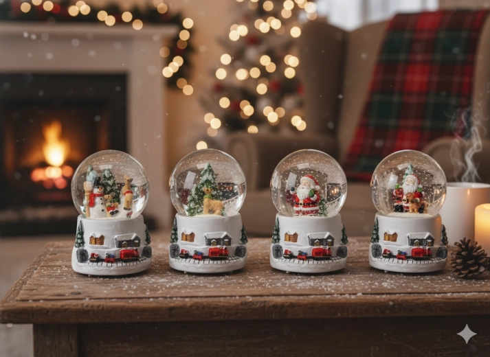 Božična snežna krogla – SANTINE sani, bela, mešanica motivov 4,5 × 4,5 × 6,5 cm