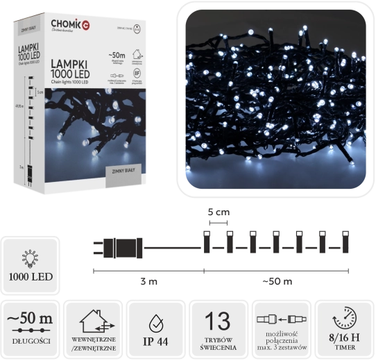 LED božična svetlobna veriga 1000 LED, hladno bela, 53 m (50 m + 3 m)