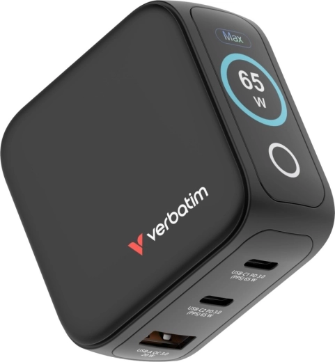 Verbatim mini GaN polnilnik 65 W s TFT-zaslonom na dotik, 2× USB‑C in 1× USB‑A, EU/UK/USA
