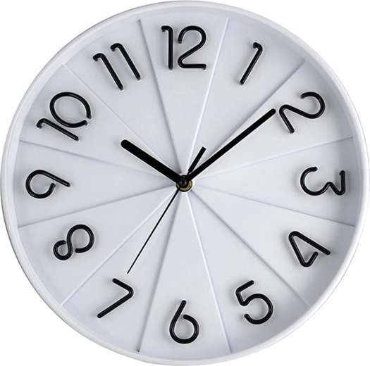 Stenska ura 30 cm z 3D številčnico – bela, steklo in kovina
