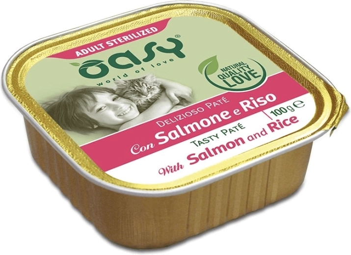 Oasy Tasty Pate za kastrirane mačke z lososom in rižem 100 g