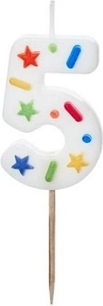 Rojstnodnevna svečka številka 5, bela s konfeti, 5,5 cm