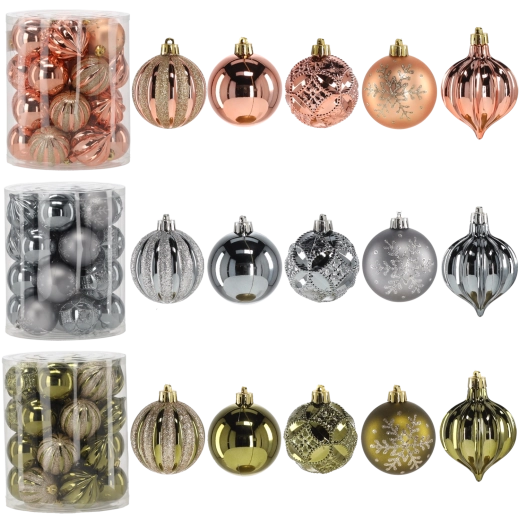 Komplet božičnih okraskov 6 cm – olivna, bakrena in grafitna, 26 kosov