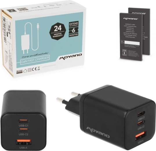 Polnilnik Movano GaN 65 W 2× USB‑C PD + USB‑A, črn