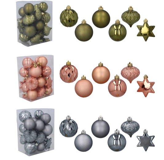 Set 23 božičnih okraskov v olivni, bakreni in grafitni barvi