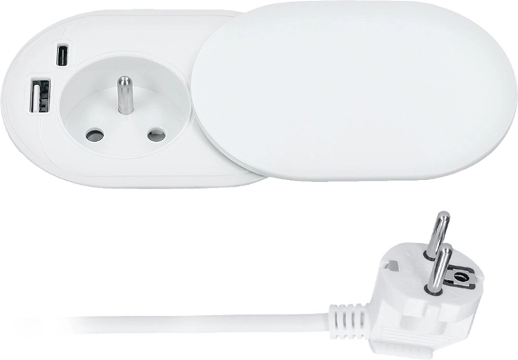 Solight vgradna vtičnica 230 V z USB-A in USB-C (20 W PD), drsni pokrov, 2 m, mat bela