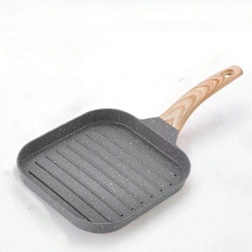 Kvadratna žar ponev z nelepljivo površino in lesenim videzom ročaja