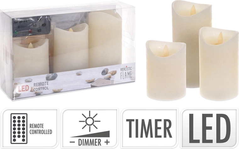 Komplet LED sveč s daljinskim upravljalnikom in časovnikom, slonovina (3 kosa)