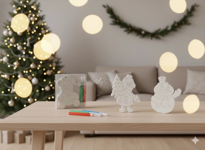 Komplet božičnih okraskov za barvanje s 4 flomastri – snežak, medvedek in Božiček