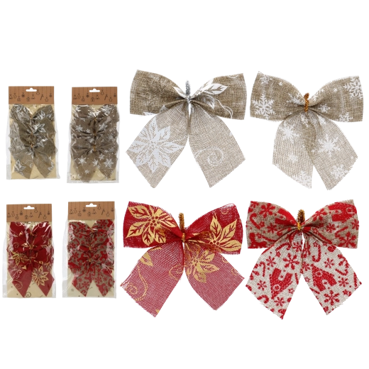 Božične pentlje 12 cm, rdeča in naravna, komplet 3 kos