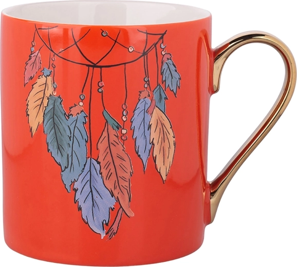 Exotic skodelica 300 ml z zlatim ročajem – motiv perja, oranžna