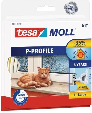 Tesnilo za okna in vrata P profil 9 × 5,5 mm, belo, 6 m