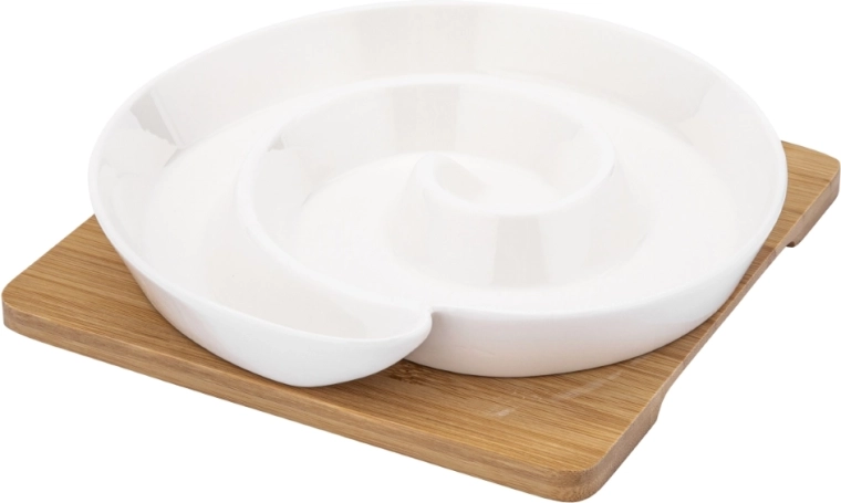 Porcelanasta deljena servirna skleda s bambusovim podstavkom, kremna