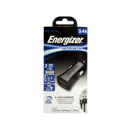 Energizer avtomobilski adapter 3,4 A z dvema USB, črn