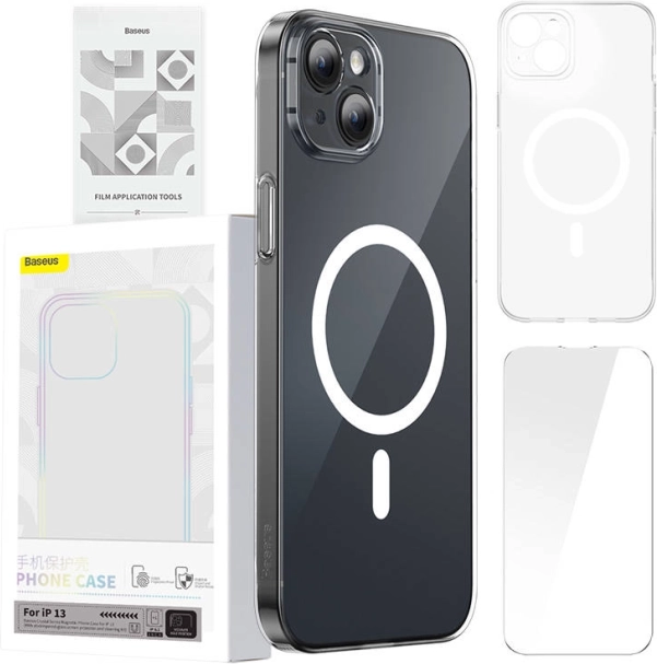 Baseus Magnetic Crystal Clear ovitek za iPhone 13 s kaljenim steklom in čistilnim kompletom