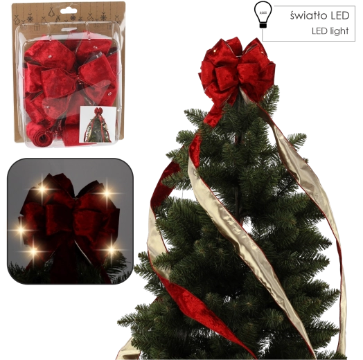 Rdeča žametna božična pentlja z LED osvetlitvijo za vrh drevesa 1,8 m
