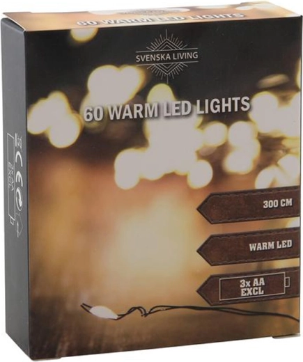 Light string 60 LED warm white light 3 m black battery-powered