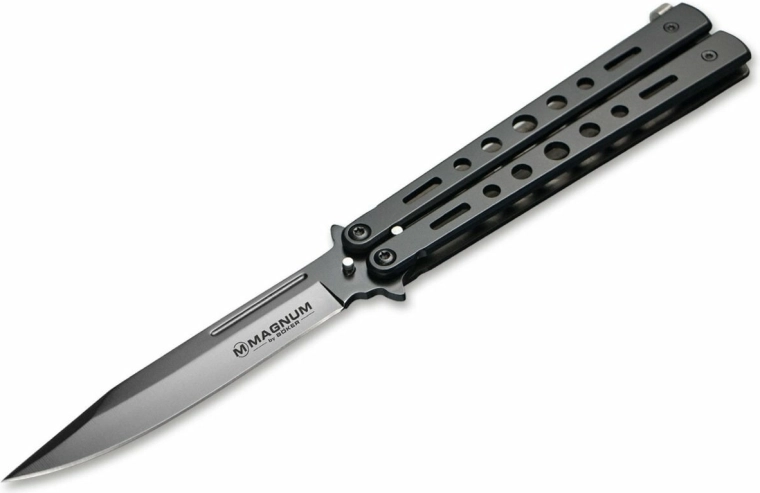 Böker Magnum Balisong All Black žepni nož 10,5 cm, siv, v celoti jeklen