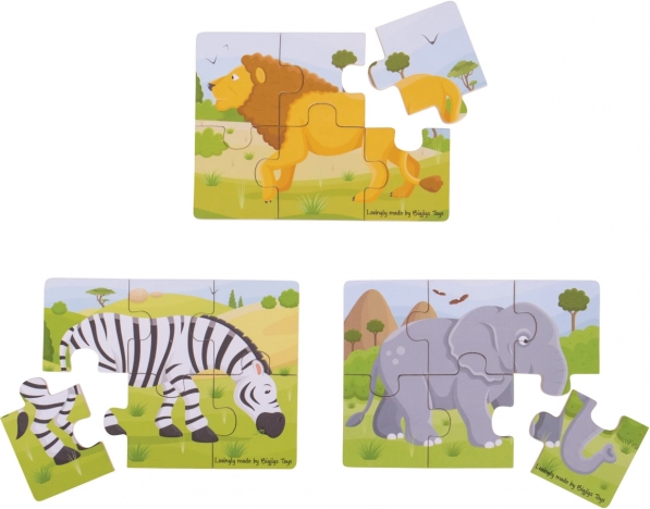Lesene puzzle 3v1 Safari živali BIGJIGS TOYS