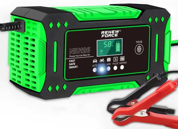 Mikroprocesorski polnilnik avtomobilskih akumulatorjev Renew Force 12 V 6 A z LCD-zaslonom in funkcijo popravila