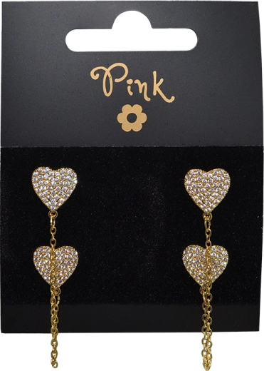 Pozlačene viseče uhani z dvojnim srcem in cirkoni