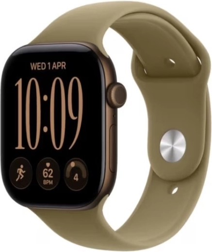 Apple Watch Series 12 GPS, 46mm dark brown aluminum case with olive green sport band S/M