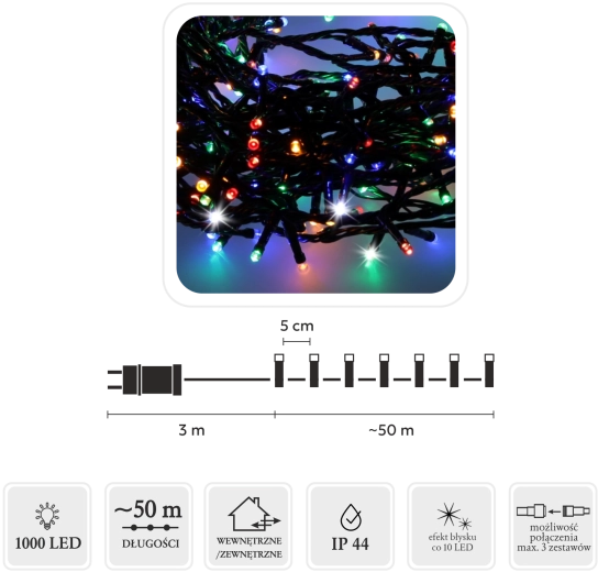 Božična LED svetlobna veriga 1000 diod multicolor s hladno belim flash učinkom 50 m (3 m napajalni kabel) - 1 kos