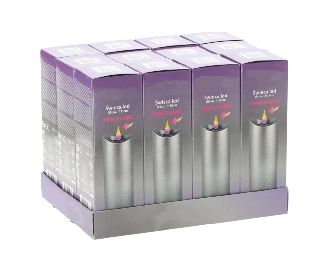 LED sveča 5 × 15 cm s srebrno površino in rožnatim plamenom