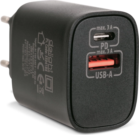 Omrežni adapter USB-A in USB-C PD 20 W s hitrim polnjenjem, črn