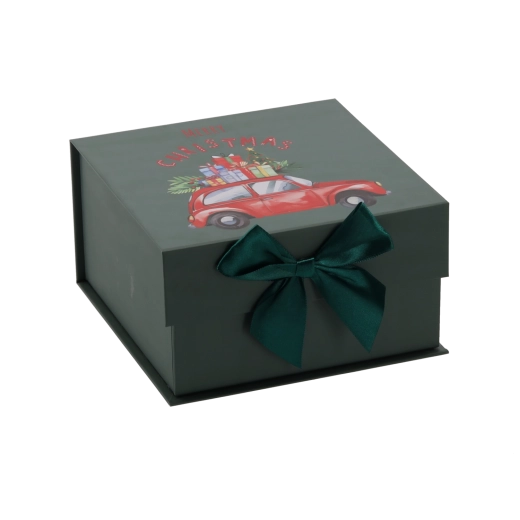 Christmas gift box with a car motif and a green bow 20 × 20 × 11 cm - 1 piece