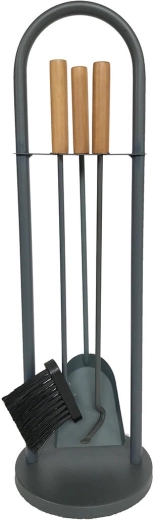 Fireplace tool set with stand, gray, 68.6 cm – steel and wood, 3-piece set